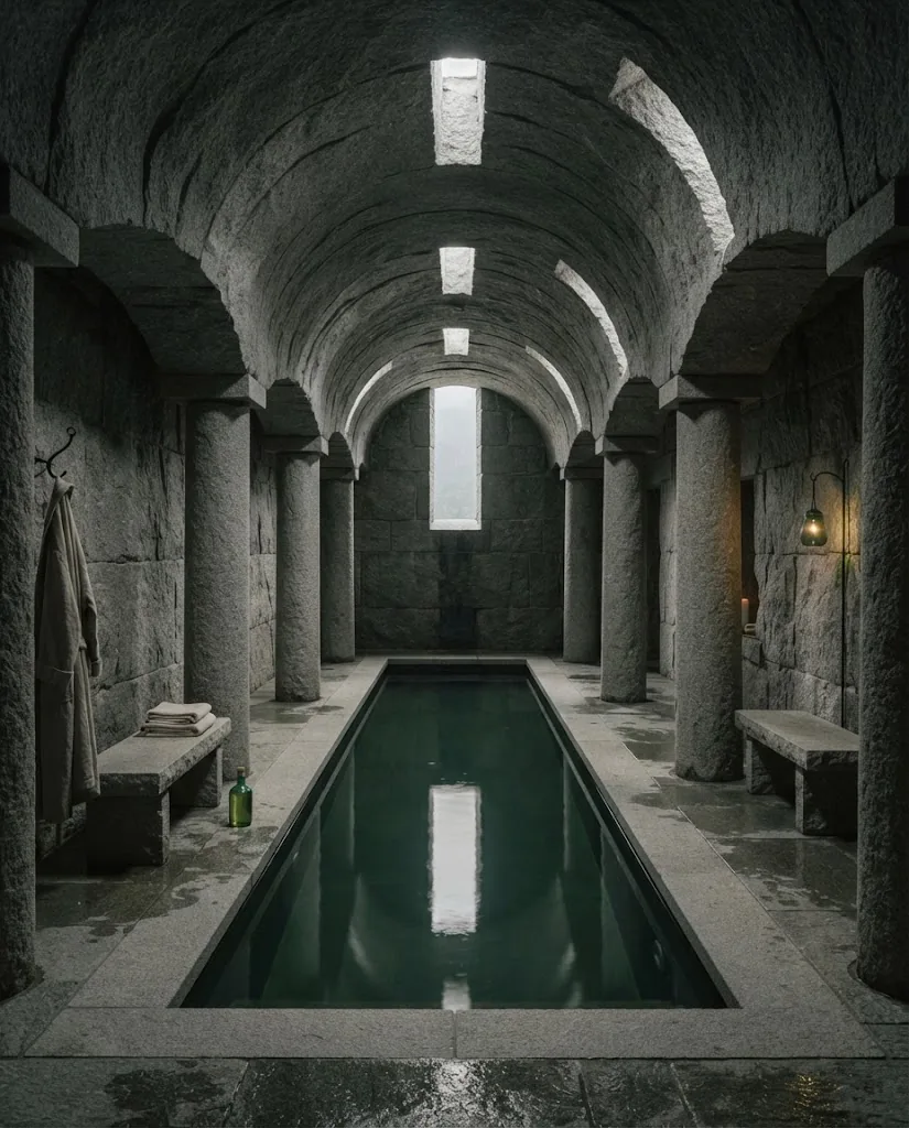 Artist's impression of an indoor pool under stone vaults, lit from above