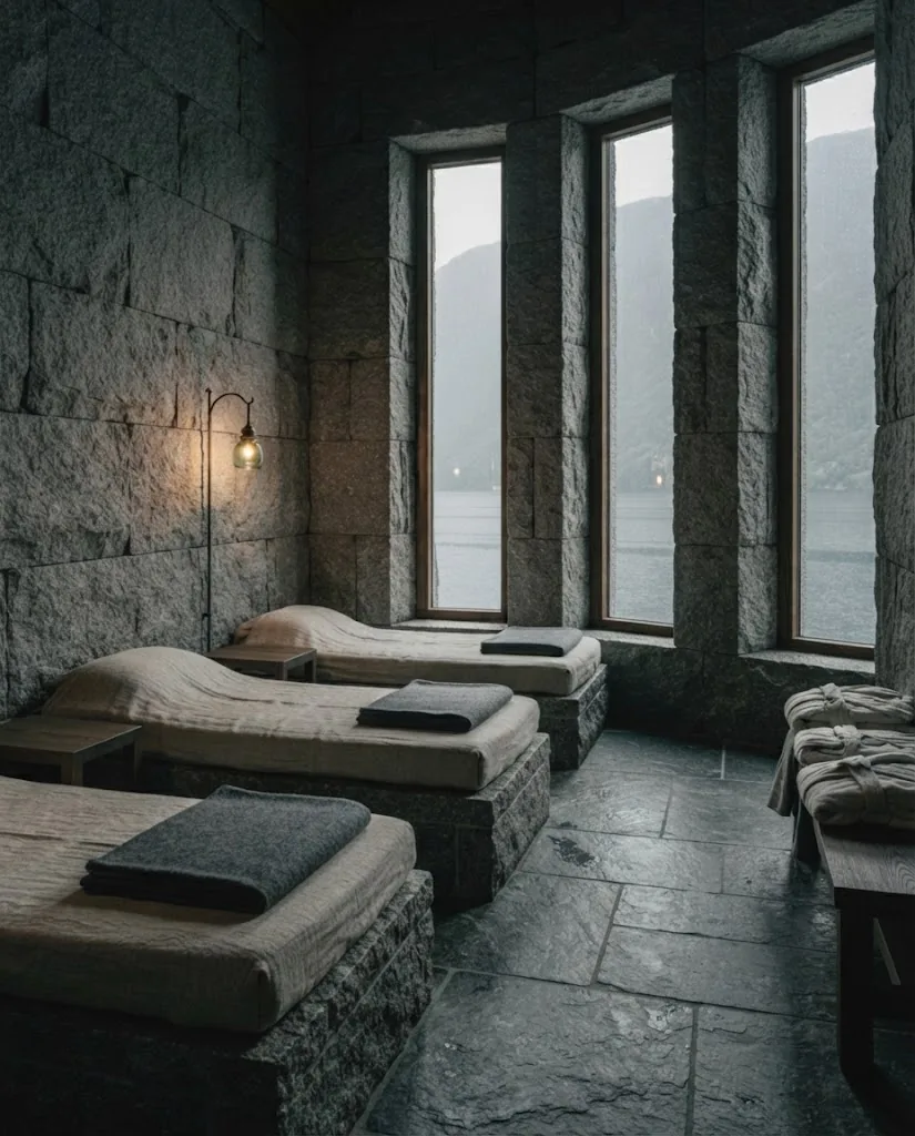 Artist's impression of a rest room with daybeds, wool blankets and narrow windows