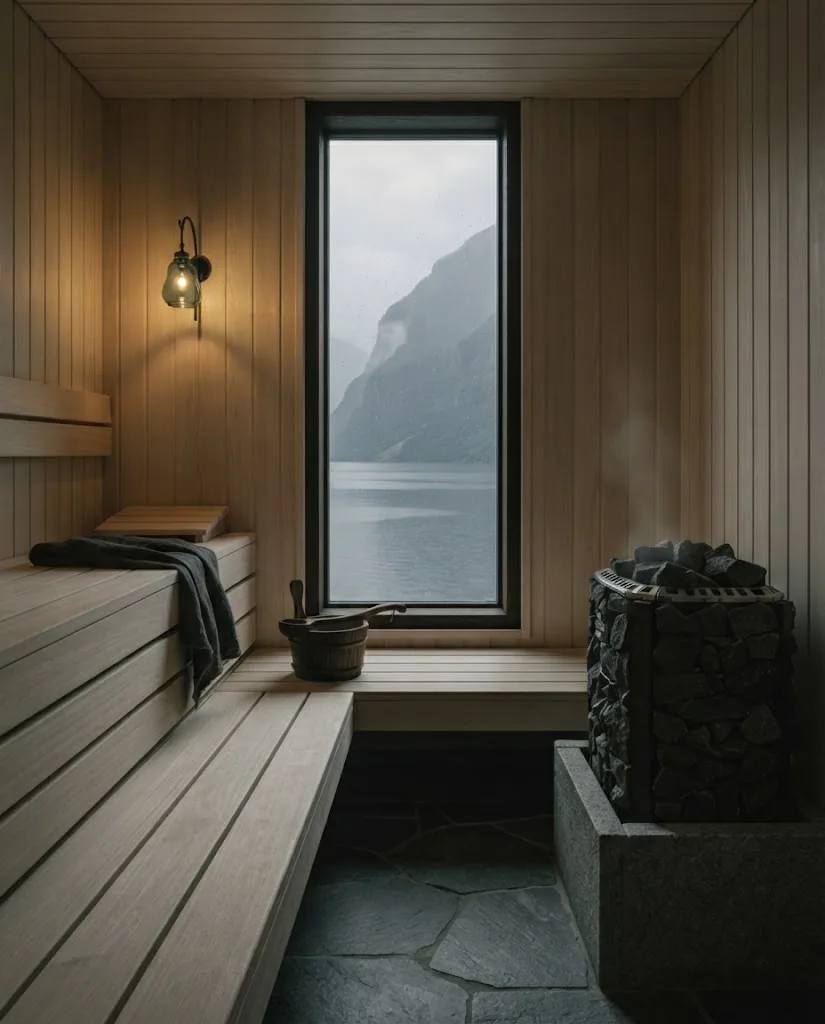 Artist's impression of a timber sauna with a window onto the fjord