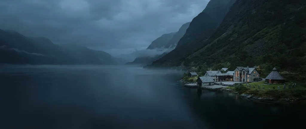 Artist's impression of the estate far off on its island at blue hour, with water in the foreground