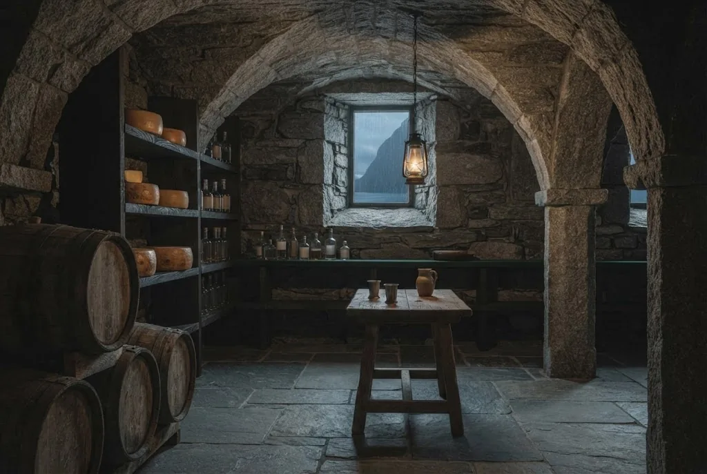 Artist's impression of a stone cellar with barrels, cheeses, unlabelled bottles and a lantern
