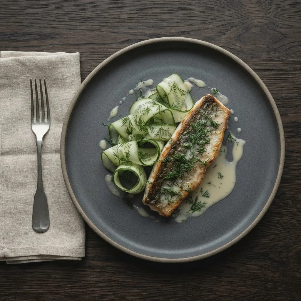 Artist's impression of a dish of fjord trout with dill and cucumber