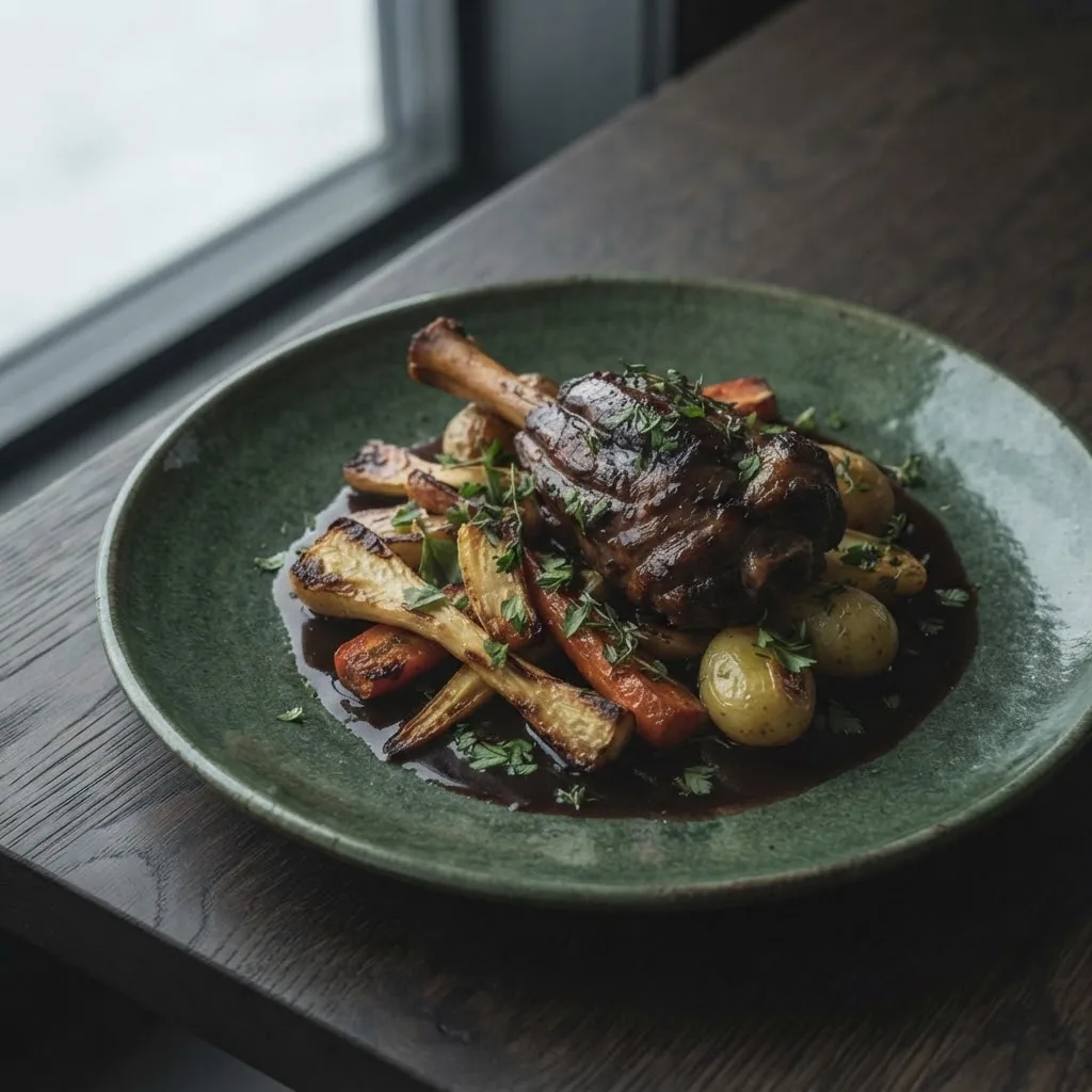Artist's impression of a dish of lamb with root vegetables and a dark sauce
