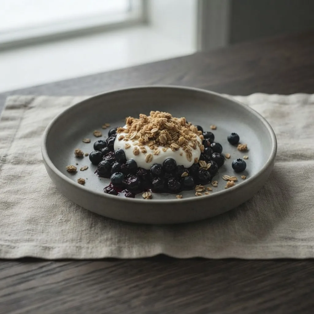 Artist's impression of a dessert of bilberries, sour cream and oat crumble