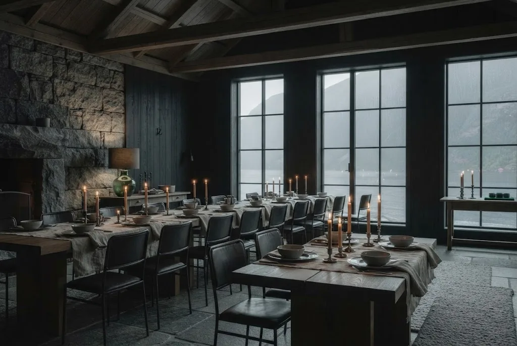 Artist's impression of the planned dining hall: long oak tables, tall windows, candles and grey stone