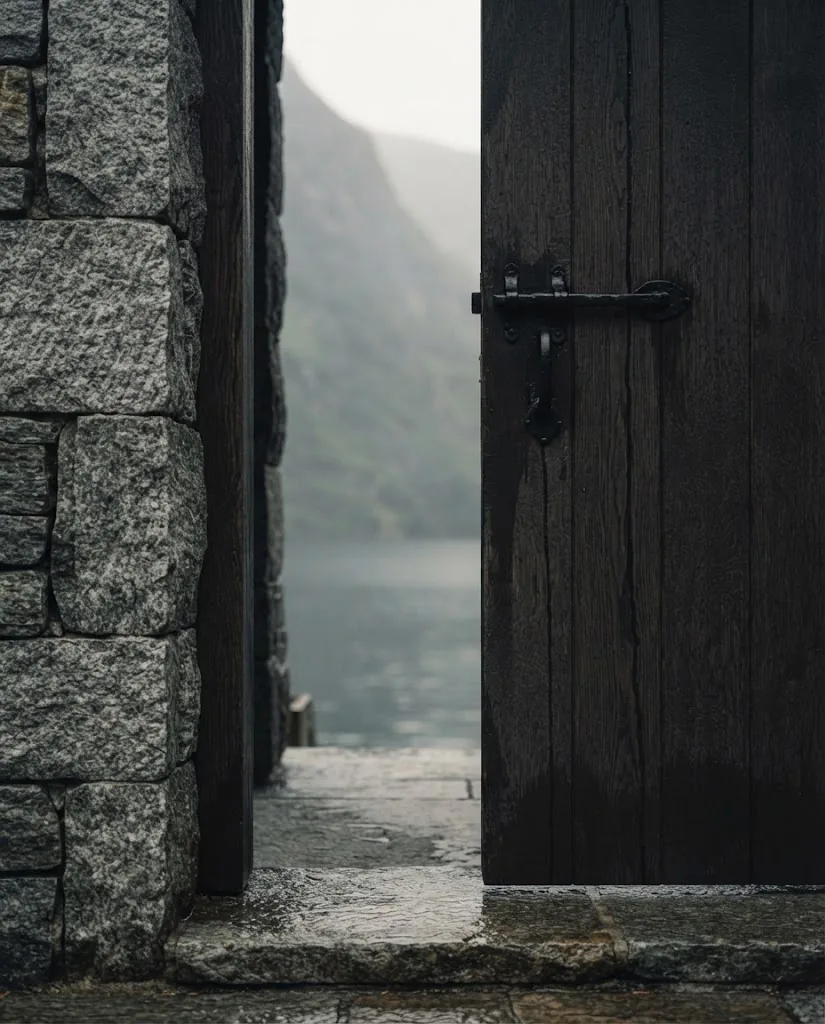 Artist's impression of a detail of hewn granite, a black wrought-iron latch and an oak door with a drop of rain