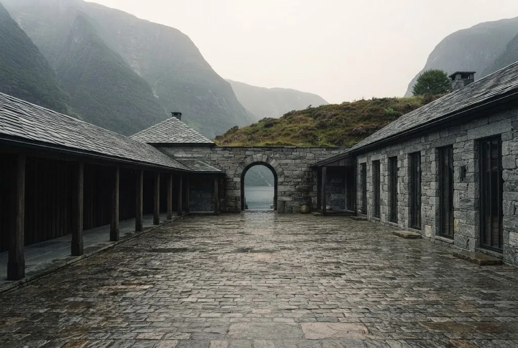 Artist's impression of the estate courtyard: cobbled stone, a timber gallery, a heather slope and the fjord seen through a stone arch
