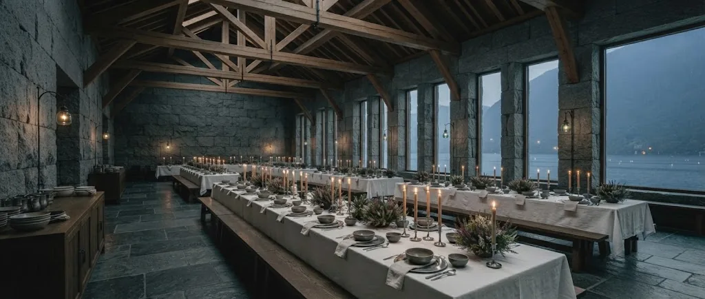 Artist's impression of the great hall with oak trusses, laid for a banquet, with tall windows