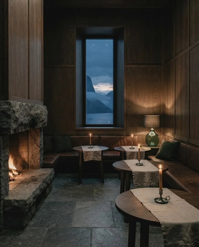 Artist's impression of a panelled reception salon with a fireplace and round tables