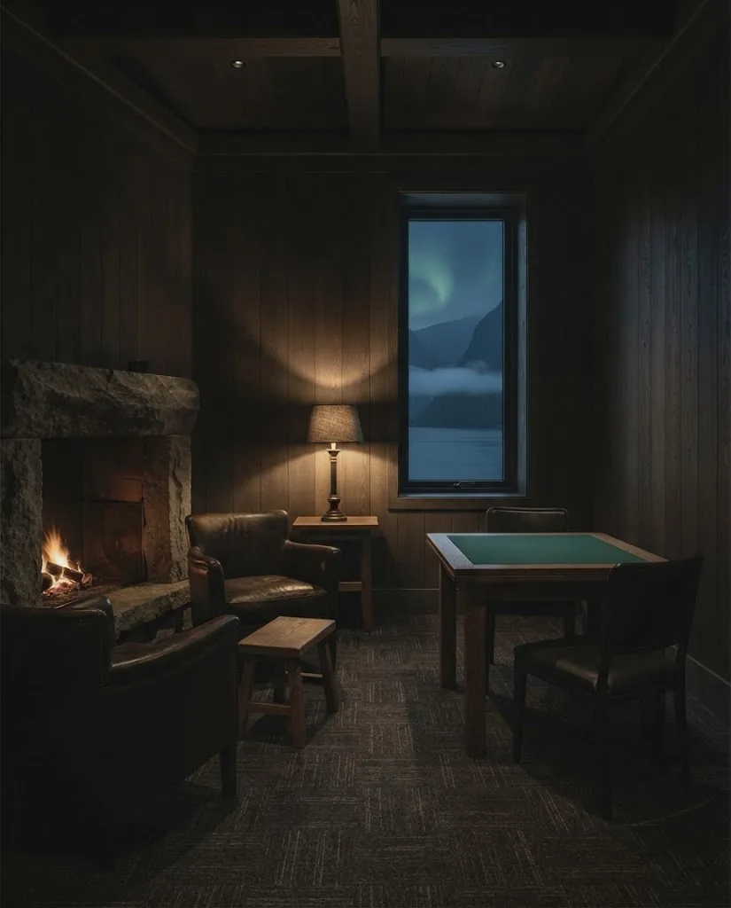 Artist's impression of a private salon with a fireplace, leather armchairs and a single table