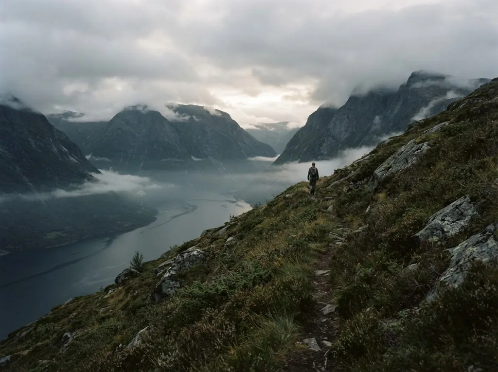 Artist's impression of a footpath across a heather slope above the fjord