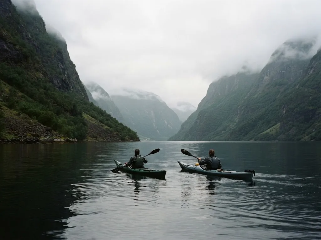 Artist's impression of kayaks on a calm fjord, the paddlers small and seen from behind