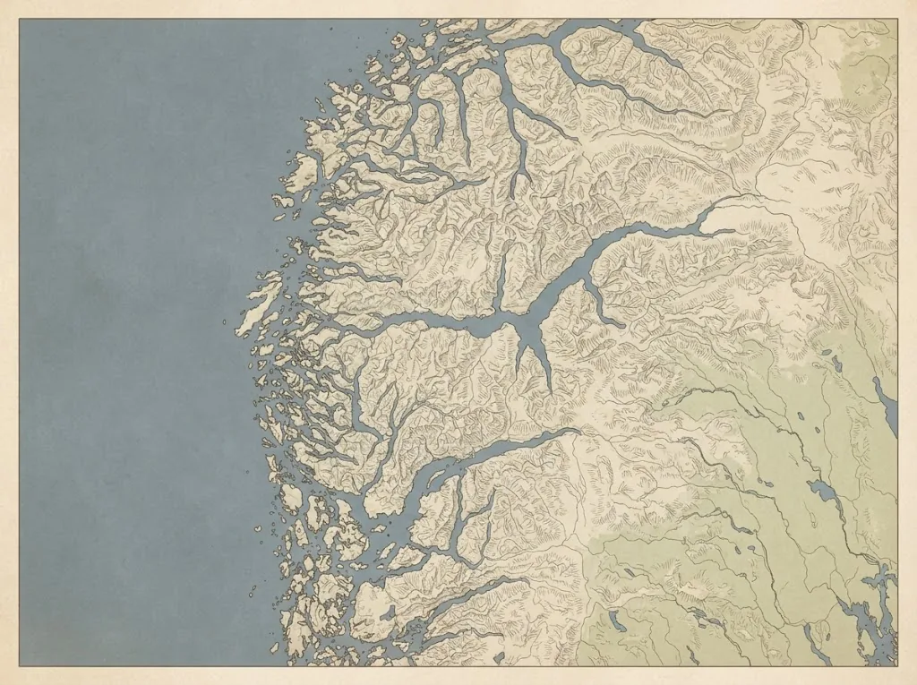 Artist's impression of an illustrated map of western Norway and its fjords