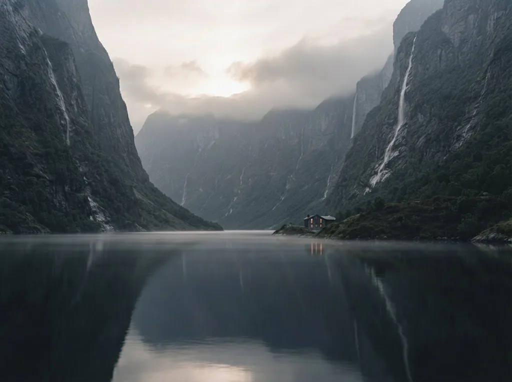 Artist's impression of a narrow fjord between high cliffs, the water still