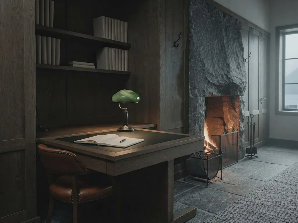 Artist's impression of the Charter Suite study with an oak desk and fireplace