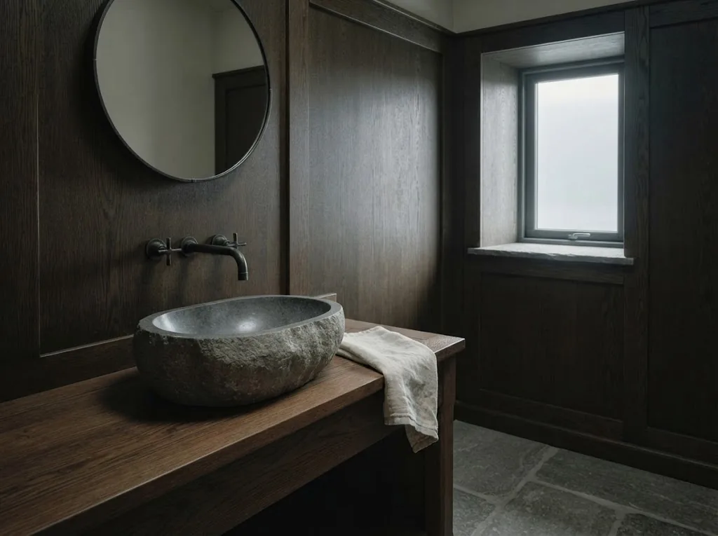 Artist's impression of the Scribe Room bathroom in grey stone and oak