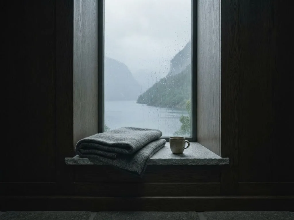 Artist's impression of the Scribe Room window seat with a wool throw