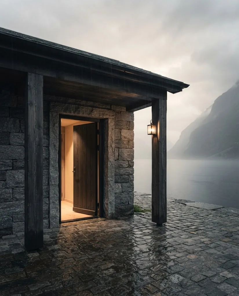 Artist's impression of a separate covered arrival at dusk: a stone portico, a single lamp and wet cobbles