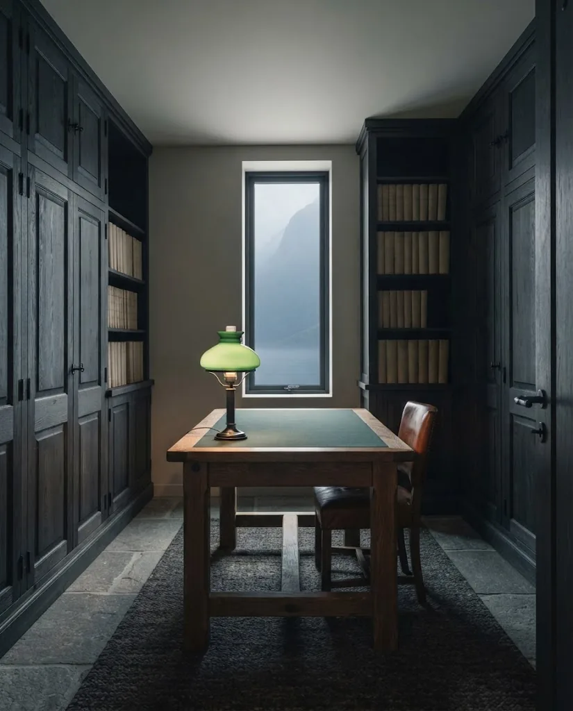 Artist's impression of the document room: oak-fronted cabinets and a green glass lamp