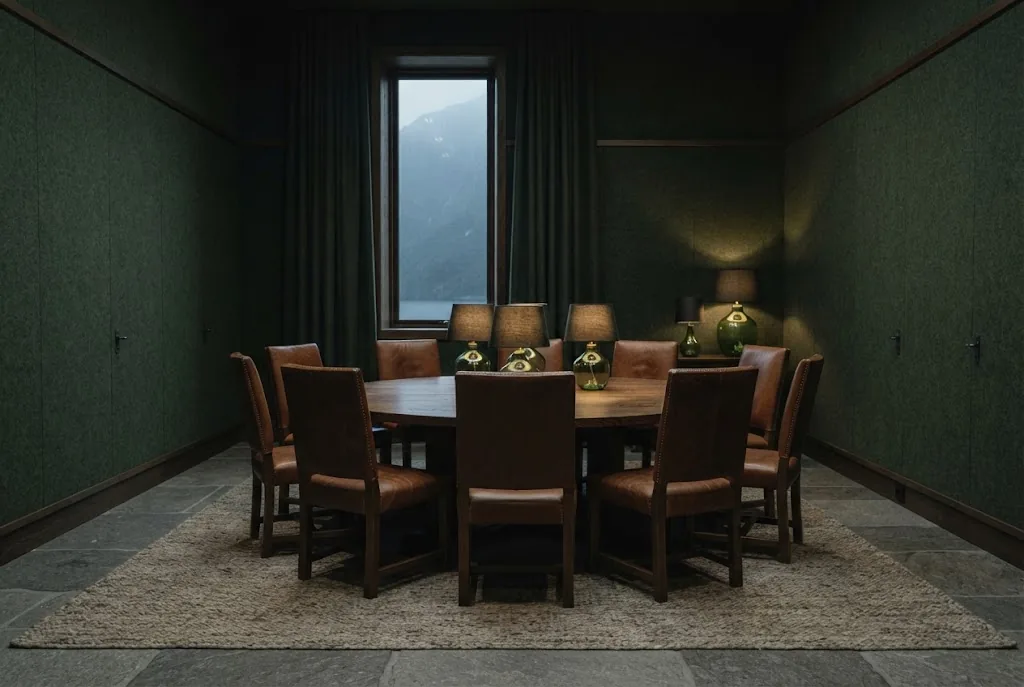 Artist's impression of a meeting room with a round oak table for ten, leather chairs and dark green felt walls, with no screens